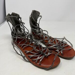 American Eagle Silver Metallic Gladiator Sandals Lace Up Back Zip Womens 7 Flat